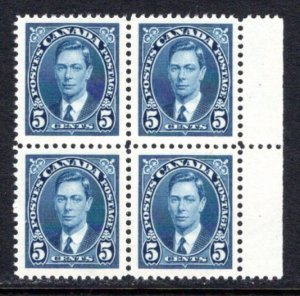 235 Scott, 5c blue, MNHOG, VF, block of 4, KGVI Mufti Issue, Canada Postage Stam