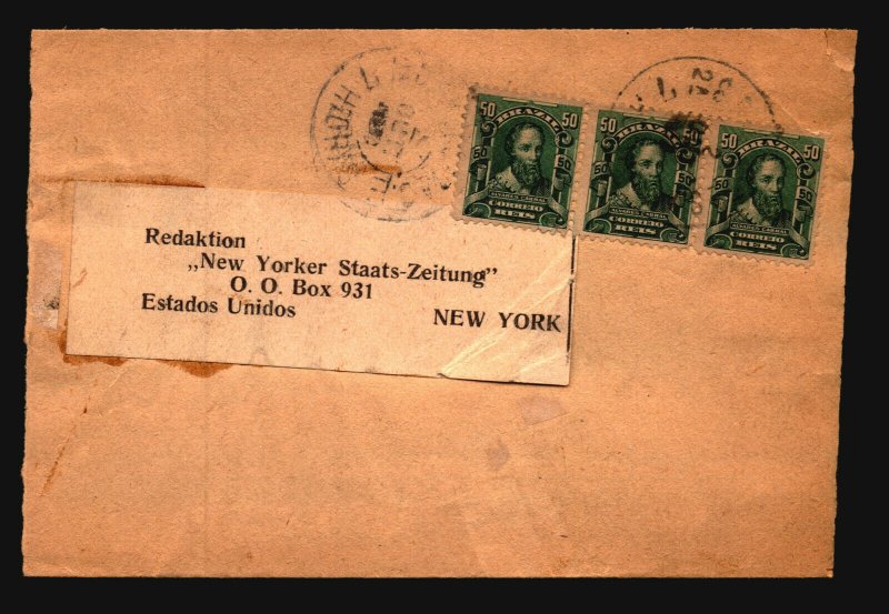 Brazil 1906 Wrapper to NY / SC# 176 Strip of 3 / Minor Tears - Z19390