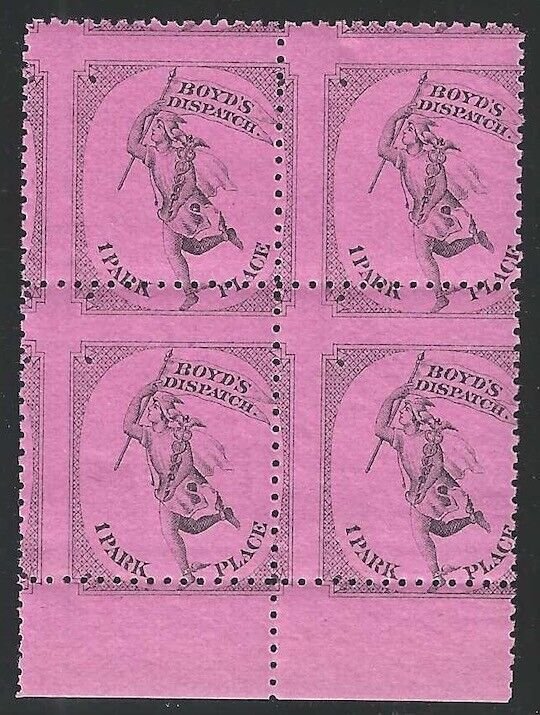 U.S., Boyd' Dispatch, Scott #20L44, Misperfed Block of 4, Mint, Never Hinged