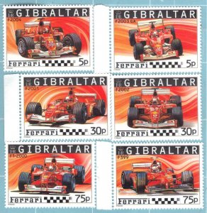 GIBRALTAR, SCOTT #993-98,  MNH 2004 AUTO RACING