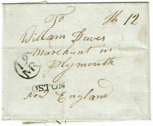 1795  Boston straight line cancel on incoming ship letter, rated 12