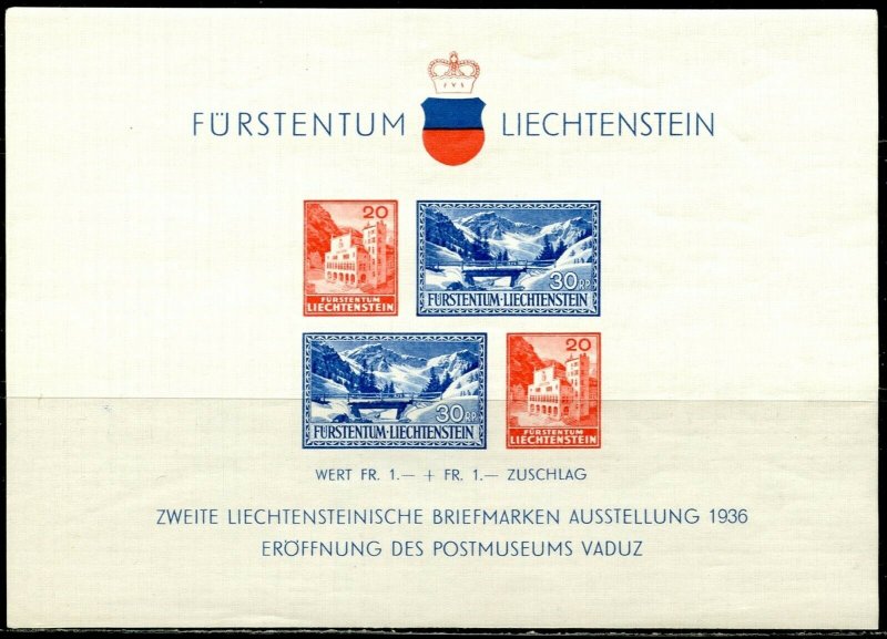 LIECHTENSTEIN Sc#B14 1936 Postal Museum Souvenir Sheet OG Mint NH