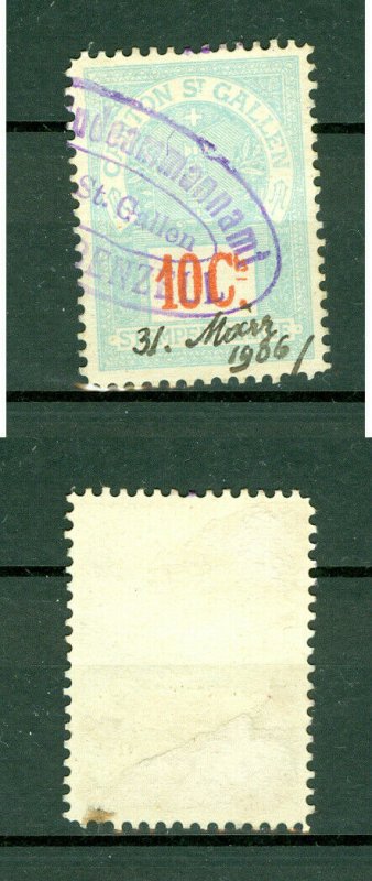 Switzerland  1896. St. Canton Gallen. Revenue,Stempelmarke, 10 C. Cancel.