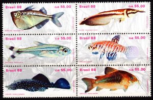 Brazil 1988 Sc#2157  Fishes/Fresh-water Block of 6  Perforated MNH