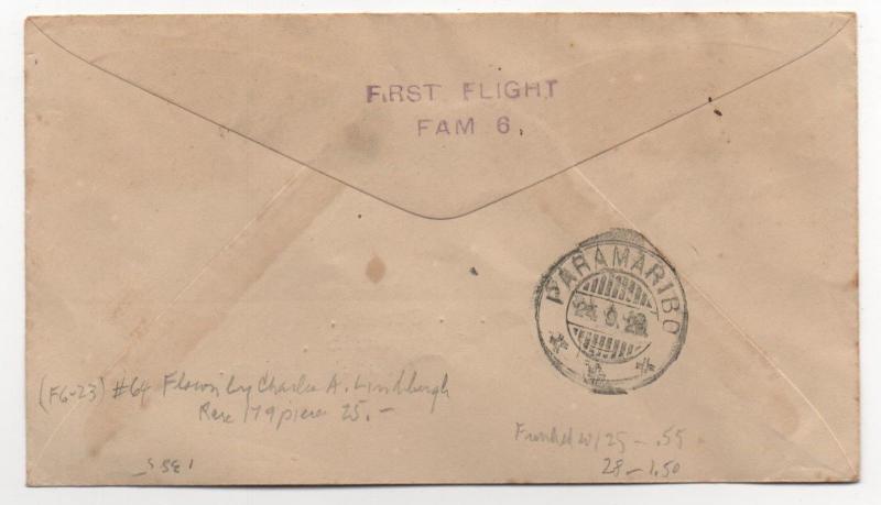 LINDBERGH Cover FAM 6 Port of Spain Trinidad & Tobago F6-23 #64 Scarce