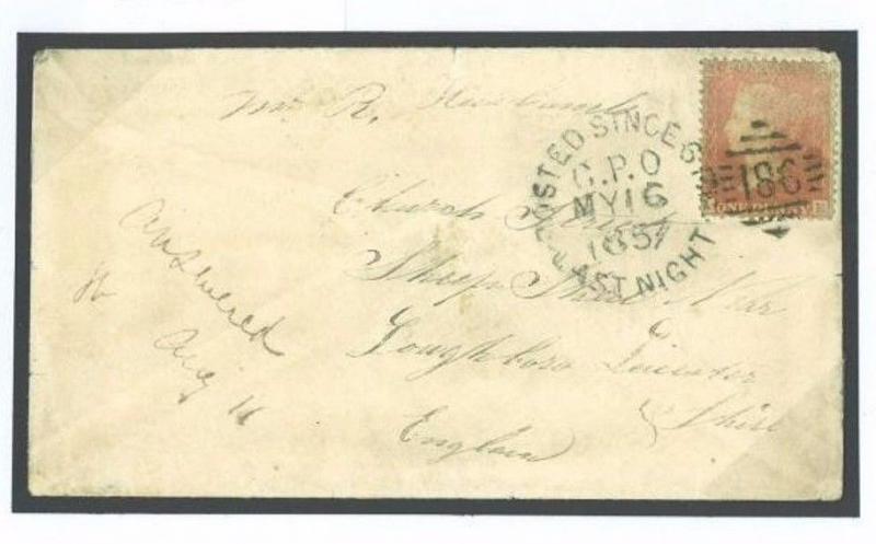 J43b 1857 GB IRELAND Dublin Posted Since Last Night *PSLN6* Duplex 1d Red Cover