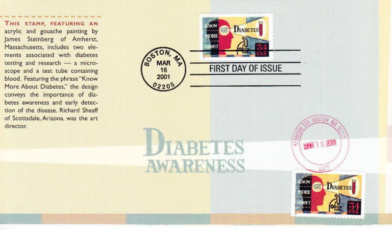 USPS 1st Day Ceremony Program #3503 Diabetes Awareness FDOI 2 Cancels 2001