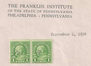 FRANKLIN INSTITUTE document Re Stamp Automat (COIL) w TWO #597 signed Postmaster