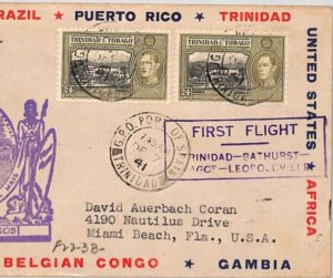 TRINIDAD & TOBAGO Air Mail Cover FIRST FLIGHT USA Miami 1941{samwells}ZC139 