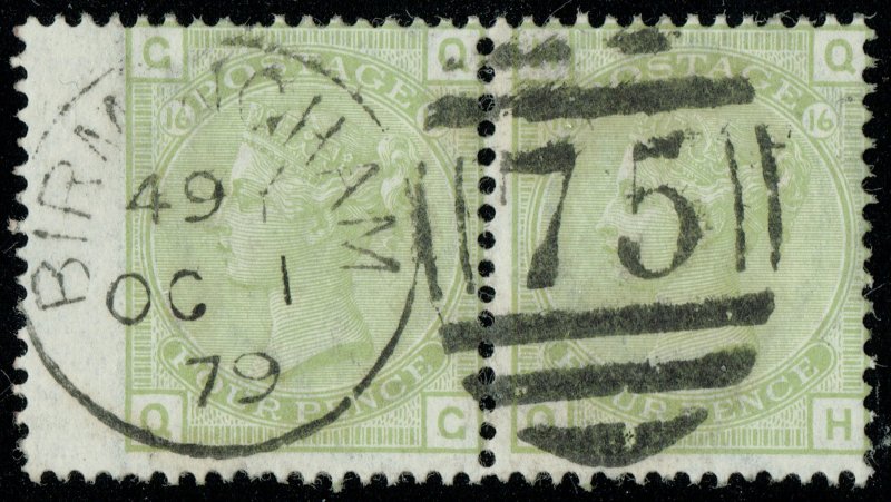 [mag264] GB SG#153 used pair 4d Pl16 October 1st 1879 BIRMINGHAM cv:£600/$750