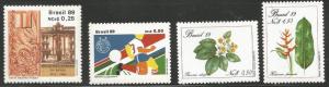 BRAZIL 2162, 2168, 2170, 2226, MNH, 4 NON-RELATED, INDIVIDUAL STAMPS, 1989