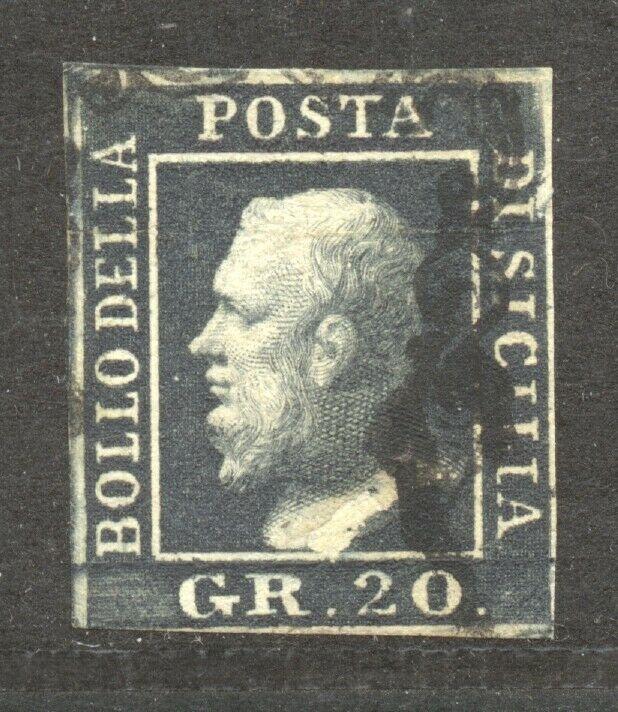 Italian States, Sicily, 1859 Scott # 17 a, the 20 GR. slate black, thin, used