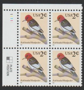 SC# 3032 - (2c) - Red-headed woodpecker, MNH Plate Block/4 - UL # 11111