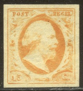 NETHERLANDS #3 Unused - 1852 15c Orange Yellow