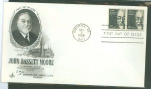 US 1295 1966 $5 John Bassett Moore) High Value of Prominent American Series) pair on an unaddressed FDC with an Artcraft Cachet