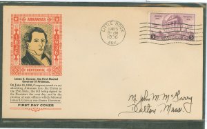 US 782 1936 3ct Arkansas centennial (single) on an addressed first day cover with a cachet by an unknown publisher.