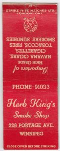 Canada Revenue 1/5¢ Excise Tax Matchbook HERB KING'S SMOKE SHOP Winnipeg