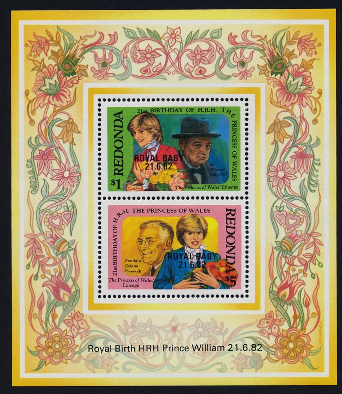 Redonda stamps + s/s Royal Baby o/p MNH Princess Diana 21st Birthday, Flowers