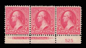 GENUINE SCOTT #279Bg MINT OG NH PINK TYPE-IV FULL BEP IMPRINT PLATE 525 STRIP-3