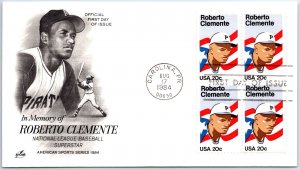 U.S. FIRST DAY COVER IN MEMORY OF ROBERTO CLEMENTE BLOCK (4) ON ARTCRAFT CACHET