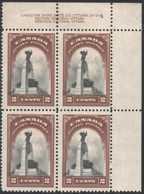 Canada SC#247 2¢ National War Memorial, Ottawa Plate Block UR #2 (1939) MNH