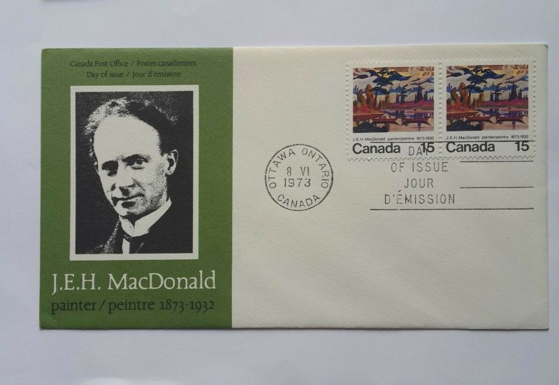 CANADA , FDC, 	J.E.H. MacDonald PAINTER 	1972		BKL OF 2 		15	CENTS