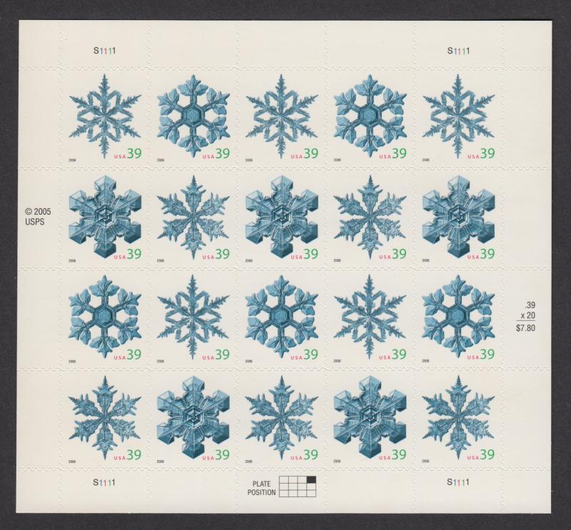 US #4101-04   Snowflakes   Full sheet of 20  MNH