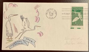 952 Unlisted Cachet Florida Everglades FDC  Hand painted Weigand  1947