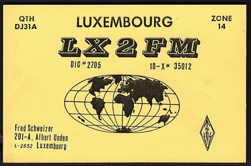 QSL QSO RADIO CARD LX2FM,Fred Schweizer,Pic of Globe/Earth, Luxembourg (Q2715)