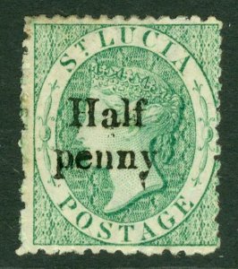 SG 9 St Lucia 1863 'half penny' on (6d) emerald-green, type 2, surcharge