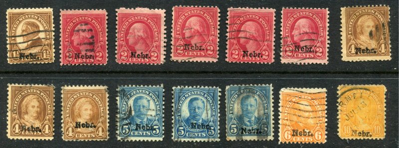 Nebr Ovpt  selection 14 stamps total   (Duplication)