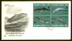 PALAU 1983 WWF WHALES Set as Block Sc 24-27 U/A Cachet FDC