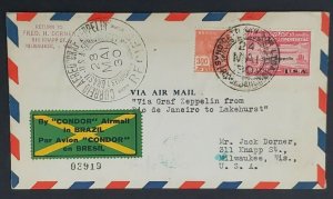 1930 Brazil Milwaukee Wisconsin Graf Zeppelin Rio to Lakehurst Air Mail Cover