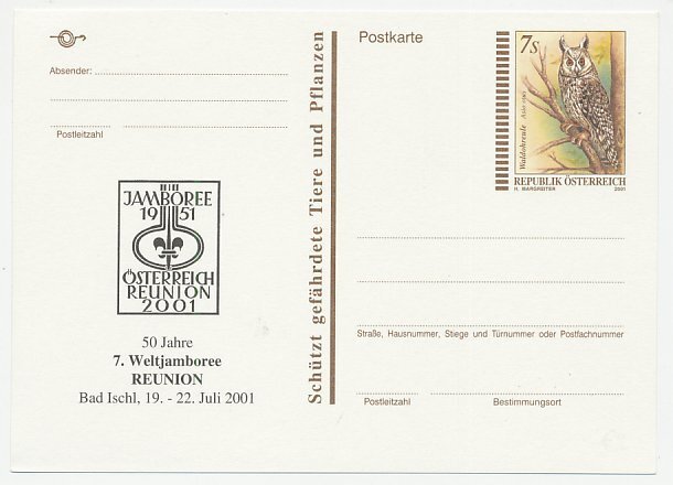 Postal stationery Austria 2001 World Jamboree Reunion - Bird - Owl