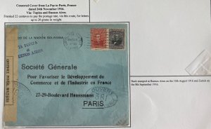 1916 La Paz Bolivia National Bank Commercial Censored Cover To Paris France