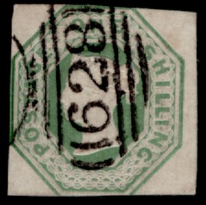 GB QV SG55, SCARCE 1s green CUT SQUARE, USED. Cat £1000.