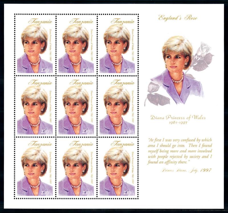 [95312] Tanzania 1998 Royalty Princess Diana England Rose Sheet MNH