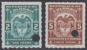 COLOMBIA 1944-56 REVENUES SERVICIO EXTERIOR Anyon 40C & 42C ROULETTED PROOFS FVF 