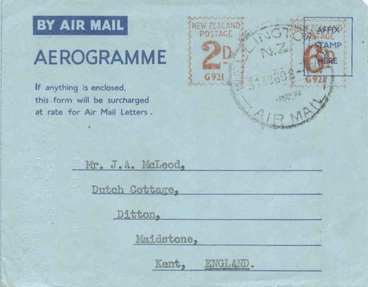 New Zealand 2d and 6d Meter 1959 Wellington C.I. N.Z. Air Mail Air Letter Air...