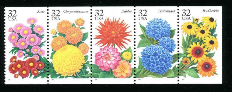  # 2829 - 2833 32¢ Garden Flowers Strip of 5 MNH