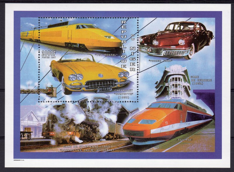 Niger 1997 Sc#963 Trains and Cars (Corvette) Souvenir Sheet Perforated MNH