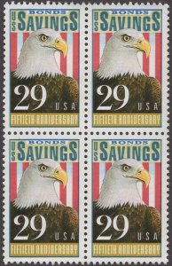 1991 Savings Bonds, 50th Anniv. Block of 4 29c Postage Stamps, Sc# 2534, MNH, OG