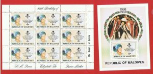 Maldive Islands #874-875 MNH OG sheet of 9 & SS  Queen Mother  Free S/H