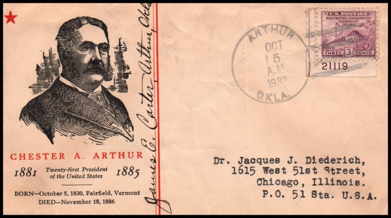 US Chester A Arthur Arthur,OK 1933 Linprint Cover