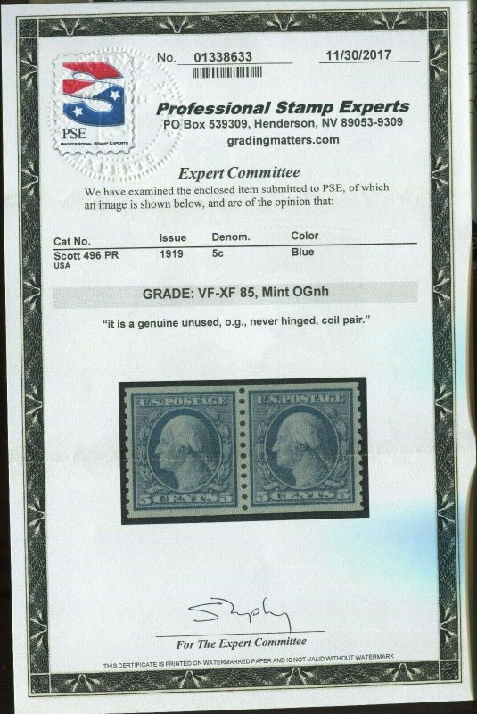 Scott #496a Washington Small Holes Var Mint Coil Stamp NH w/PSE Cert for Pair