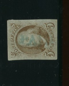 Scott 1 Franklin Imperf Used Stamp with Blue PAID Cancel (Stock 1-217)