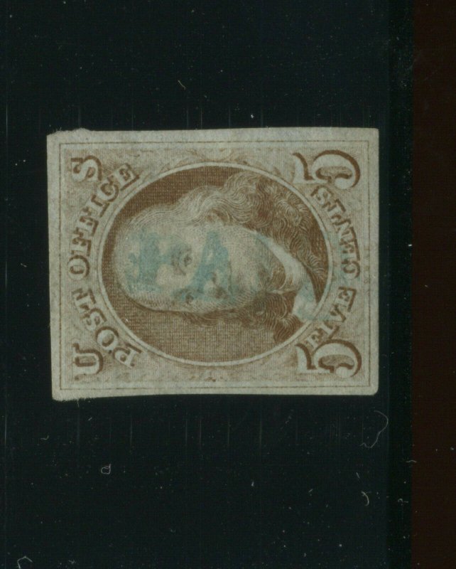 Scott 1 Franklin Imperf Used Stamp with Blue PAID Cancel (Stock 1-217)