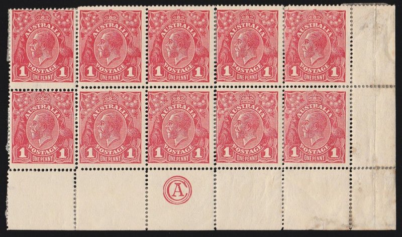 AUSTRALIA 1918 KGV 1d Die III CA monogram block with varieties. ACSC 75qrzb(var) 