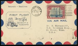 Detroit USA to Hamilton Canada First Airmail Flight Cover 5c Postage 1929 #C11