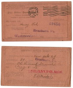 USA 1905 registry rcpt Braeburn PA via Cunard